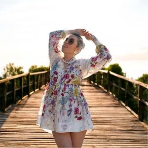 Let‎ Me Be Dress Womens Size L Ivory Floral V-Neck A-Line Mini Lace Trim